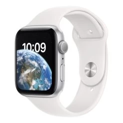Apple Watch SE GPS 2ème Génération 44 Mm Aluminium Argent Avec Bracelet Sport Blanc