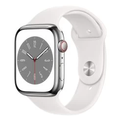 Apple Watch Series 8 GPS + Cellular 45 Mm Acier Inoxydable Argent Avec Bracelet Sport Blanc